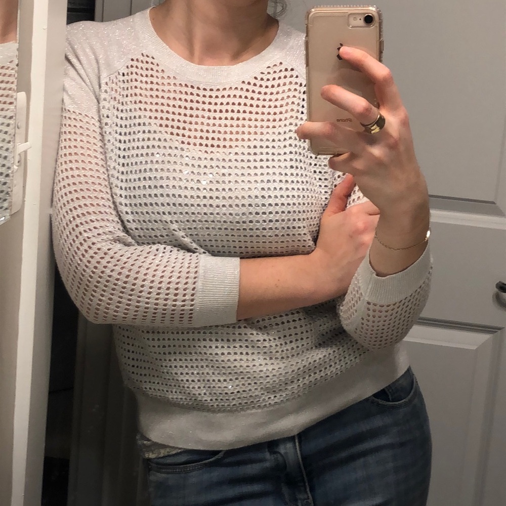 Lightweight White Open-Knit Crewneck Sweater